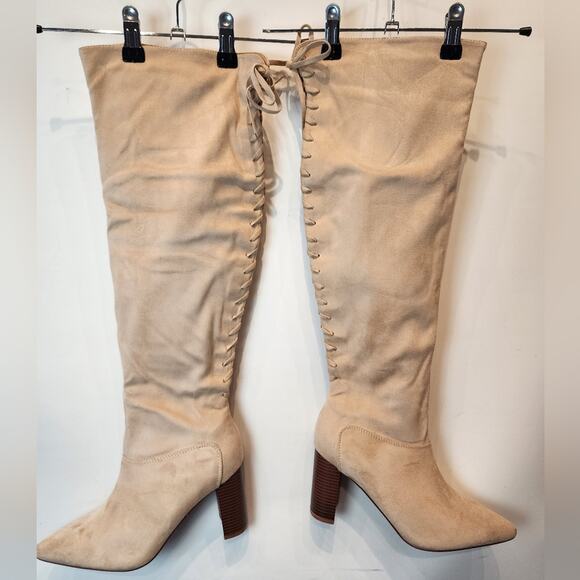 New Beige Pointed Toe Faux Suede Over the Knee High Boots Chunky Size 8.5 - Picture 3 of 13